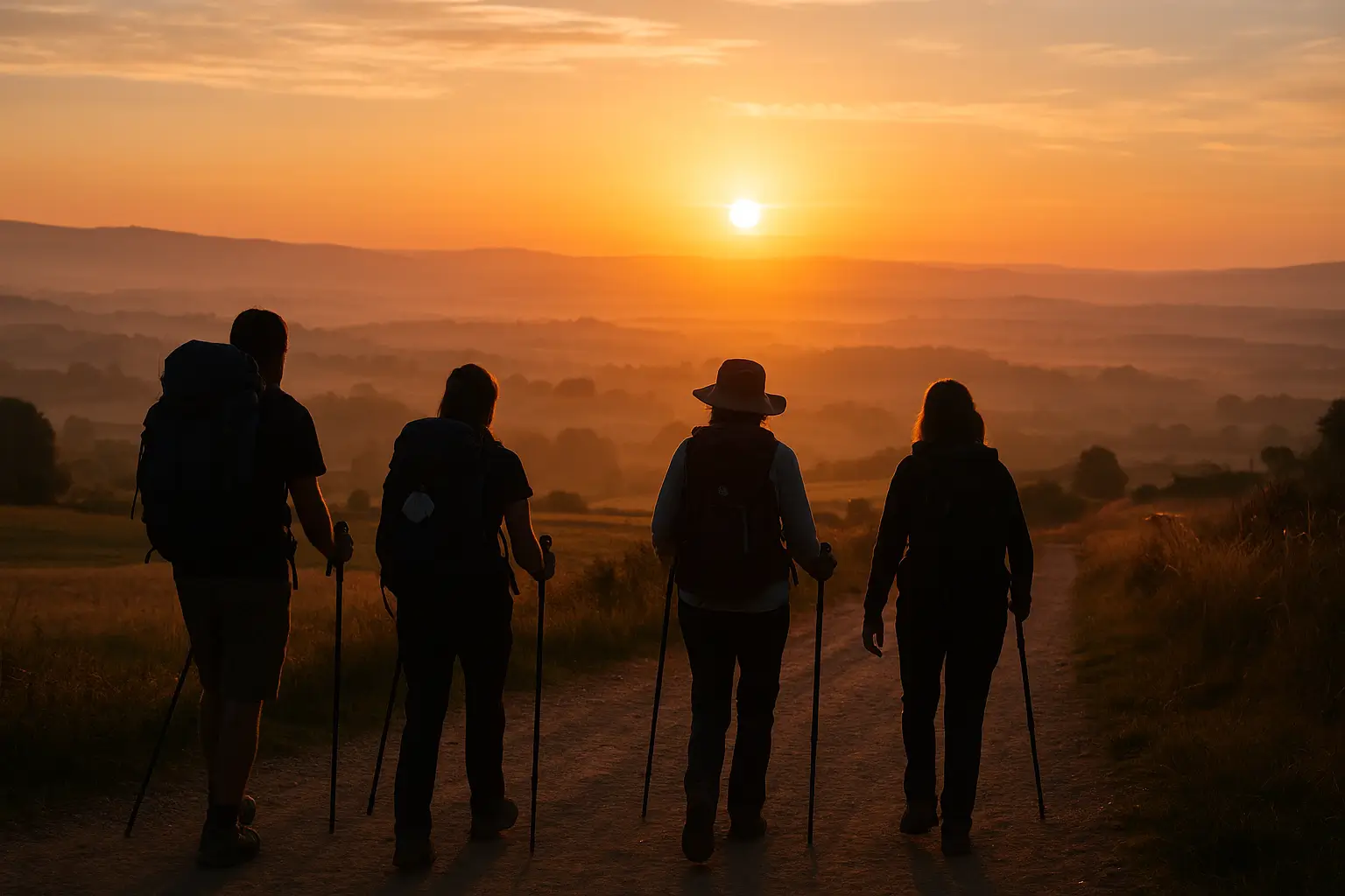 Peregrinos organizando el Camino de Santiago al amanecer