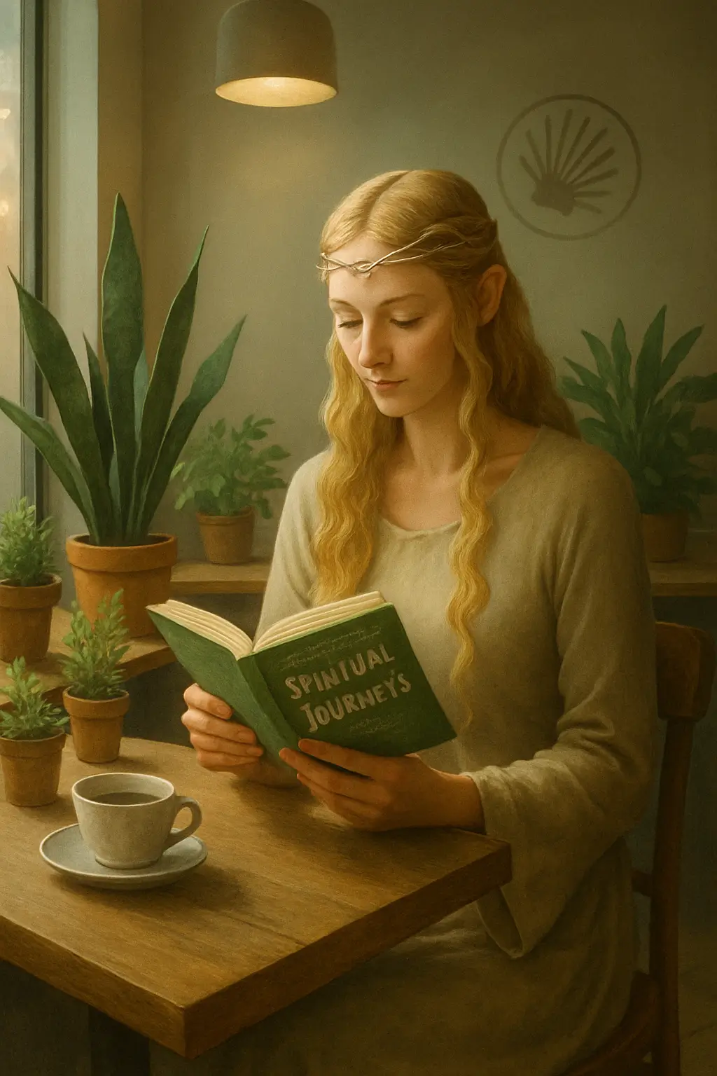 Mujer leyendo y reflexionando en un café con alma, con luz suave y ambiente tranquilo