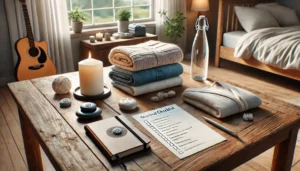 Checklist de viaje con propósito sobre una mesa, con objetos espirituales, ropa liviana y diario personal listos para empacar.