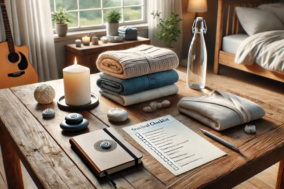 Checklist de viaje con propósito sobre una mesa, con objetos espirituales, ropa liviana y diario personal listos para empacar.