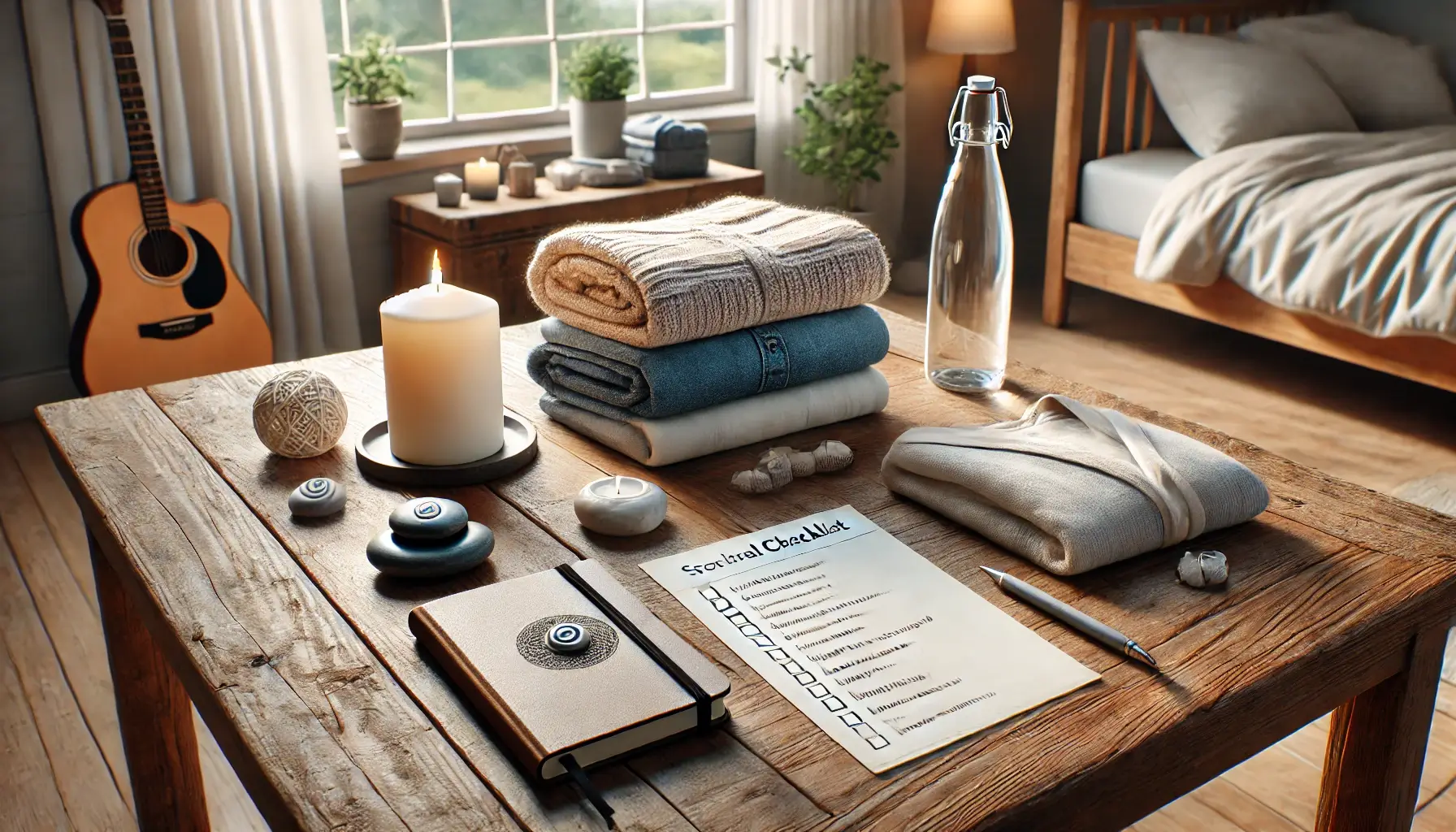 Checklist de viaje con propósito sobre una mesa, con objetos espirituales, ropa liviana y diario personal listos para empacar.