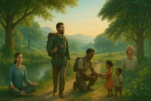 Cinco viajeros espirituales en un paisaje natural iluminado por el sol, conectando con la fe y el propósito en un camino de paz