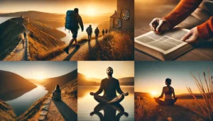 "Collage de viajeros experimentando la fe en cada paso: caminando, meditando y contemplando la naturaleza durante sus viajes espirituales."