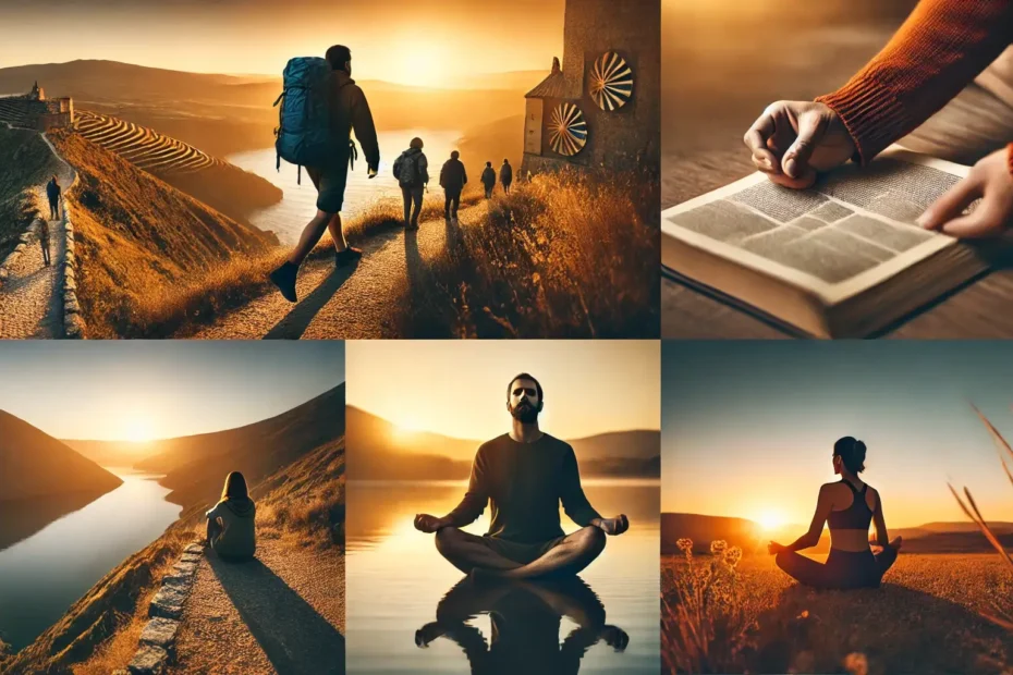 "Collage de viajeros experimentando la fe en cada paso: caminando, meditando y contemplando la naturaleza durante sus viajes espirituales."