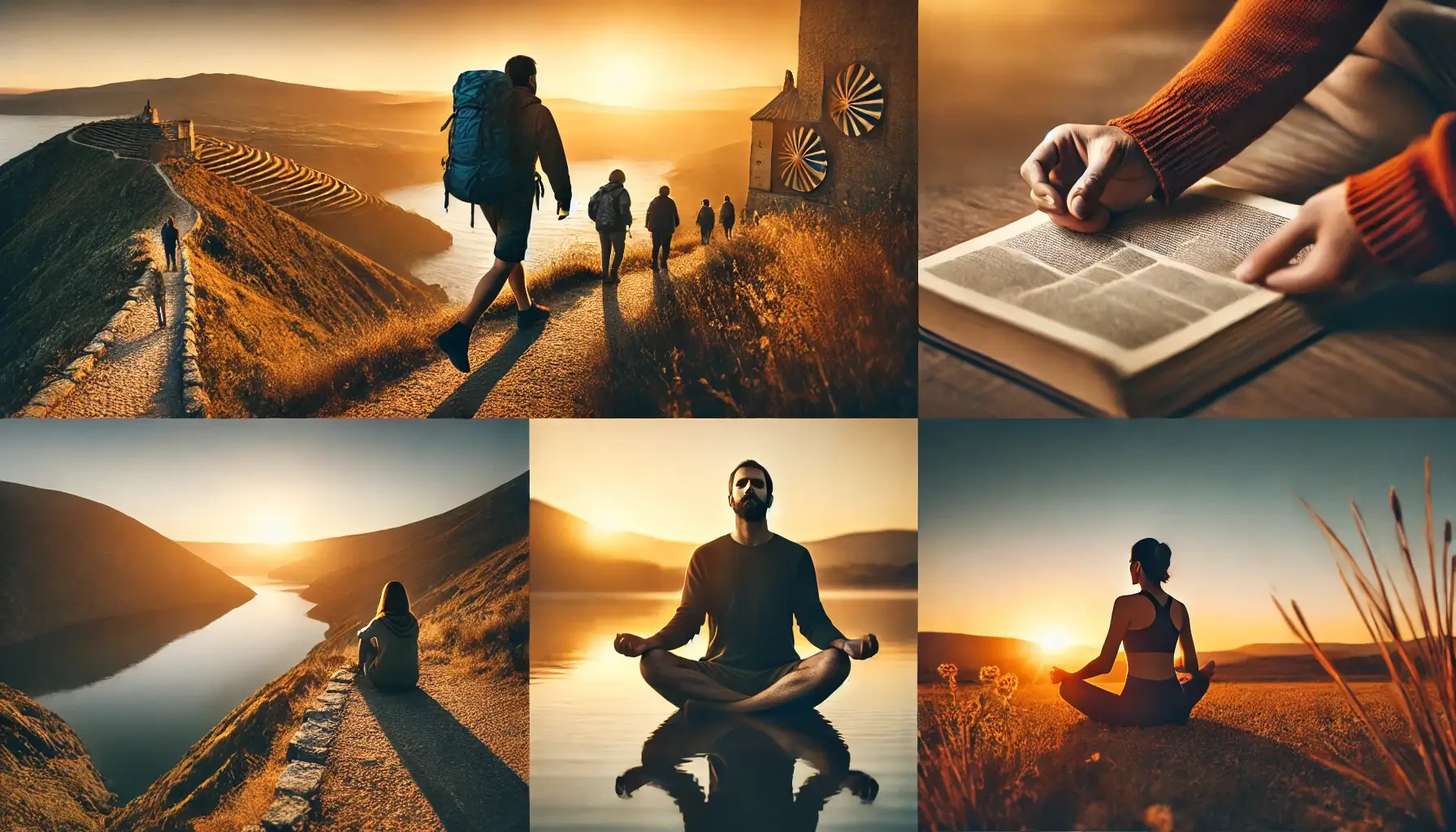 "Collage de viajeros experimentando la fe en cada paso: caminando, meditando y contemplando la naturaleza durante sus viajes espirituales."
