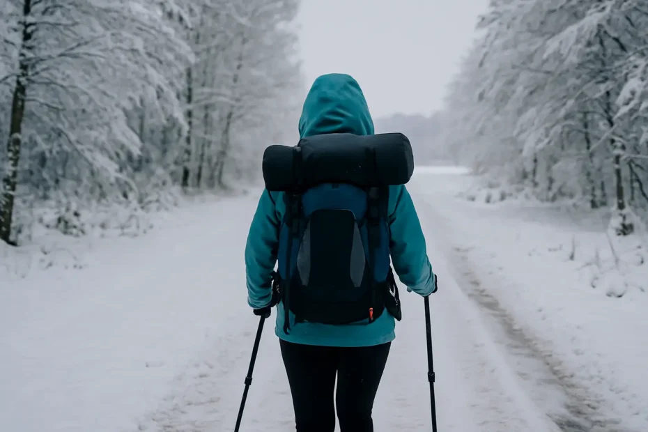 Consejos para peregrinar en invierno: mujer peregrina caminando entre nieve.