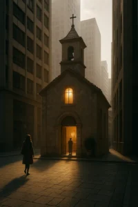 Santuario oculto en una ciudad moderna con luz espiritual y atmósfera tranquila