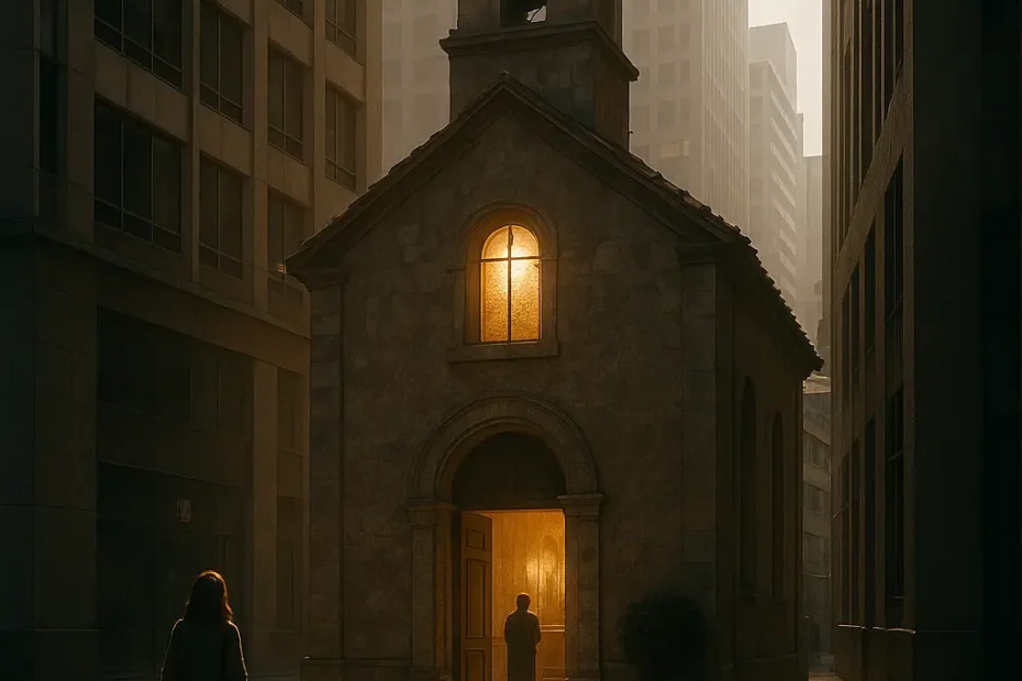 Santuario oculto en una ciudad moderna con luz espiritual y atmósfera tranquila