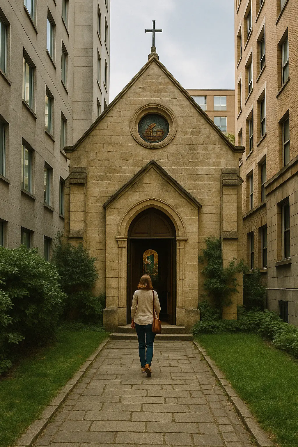 Iglesia escondida entre edificios urbanos con ambiente espiritual y luz suave