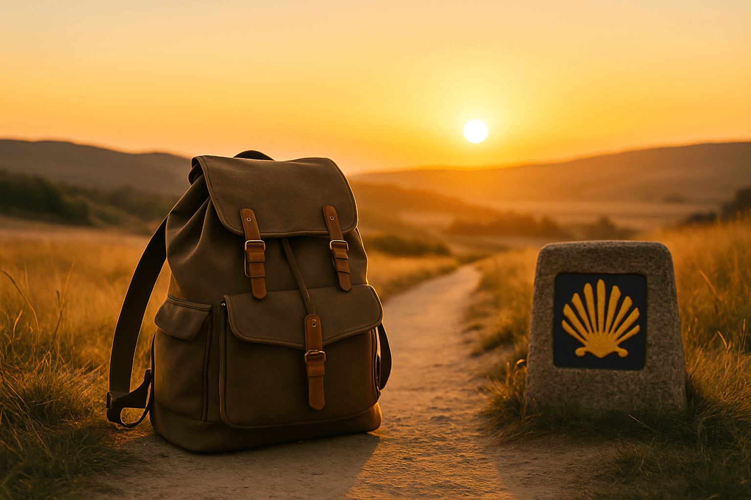 Mochila de peregrino en el Camino de Santiago al amanecer