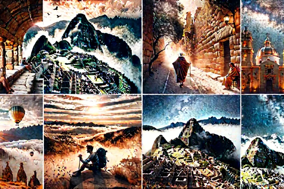Montaje de destinos espirituales Machu Picchu entre neblina, calles antiguas de Jerusalén, peregrino en el Camino de Santiago y desierto de Atacama bajo cielo estrellado.