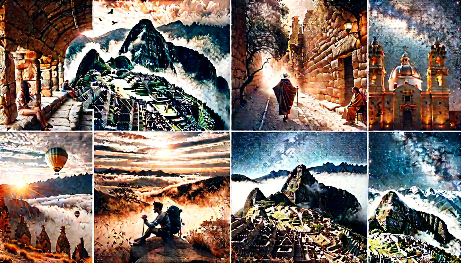 Montaje de destinos espirituales Machu Picchu entre neblina, calles antiguas de Jerusalén, peregrino en el Camino de Santiago y desierto de Atacama bajo cielo estrellado.