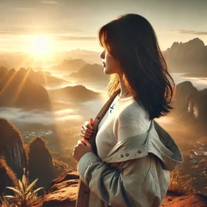 Mujer viajera contemplando el amanecer en una montaña, simbolizando conexión espiritual y propósito al viajar.