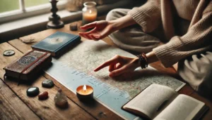 Persona eligiendo su destino de viaje en un mapa, guiada por su fe, rodeada de símbolos espirituales y luz natural.