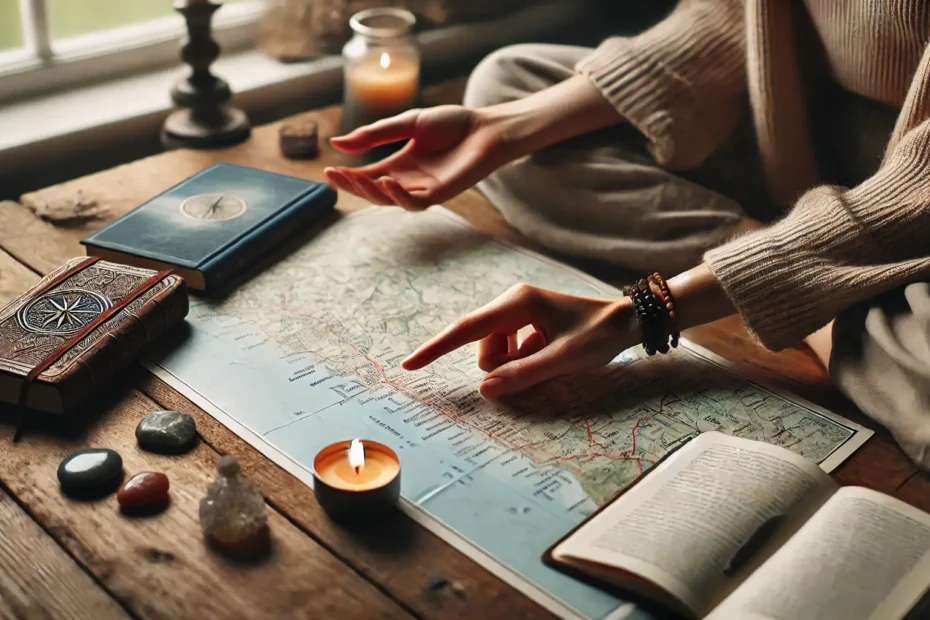 Persona eligiendo su destino de viaje en un mapa, guiada por su fe, rodeada de símbolos espirituales y luz natural.