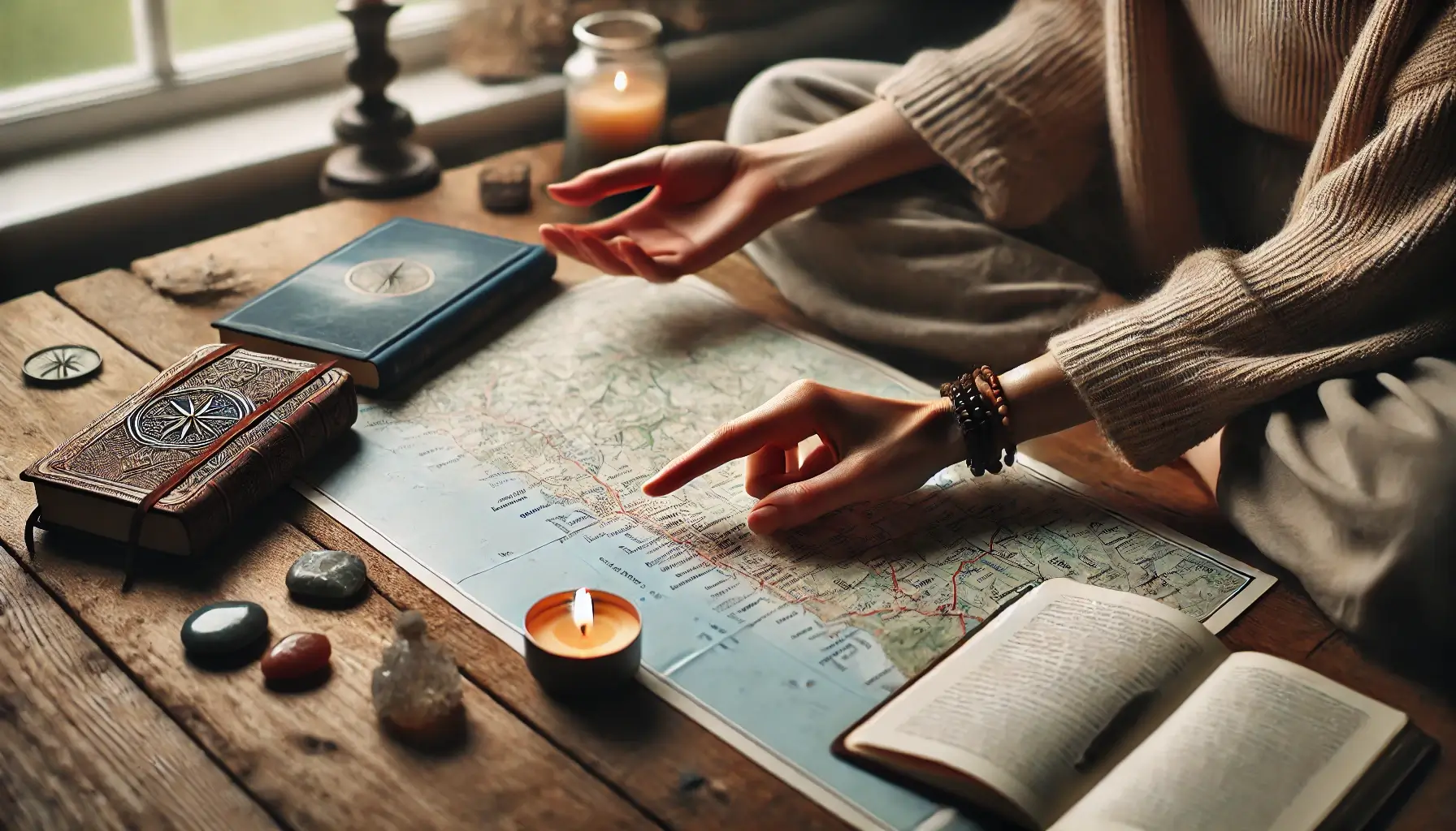 Persona eligiendo su destino de viaje en un mapa, guiada por su fe, rodeada de símbolos espirituales y luz natural.