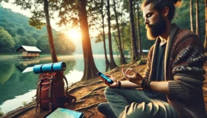 Persona usando aplicaciones conscientes en su celular mientras viaja, rodeada de naturaleza y en conexión espiritual.