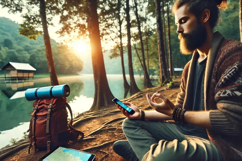 Persona usando aplicaciones conscientes en su celular mientras viaja, rodeada de naturaleza y en conexión espiritual.