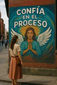 Mural urbano con mensaje espiritual en una ciudad moderna, con símbolo de fe y estilo callejero