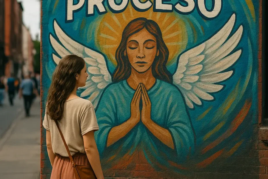 Mural urbano con mensaje espiritual en una ciudad moderna, con símbolo de fe y estilo callejero