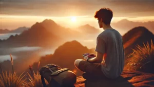 Viajero en soledad sentado al amanecer en la cima de una montaña, con mochila y cuaderno, contemplando el horizonte en calma espiritual.
