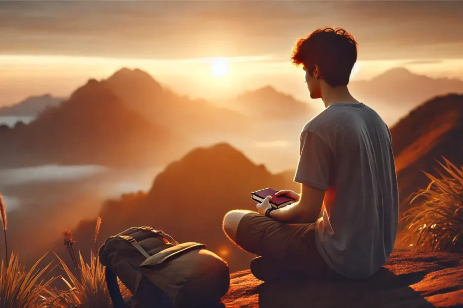 Viajero en soledad sentado al amanecer en la cima de una montaña, con mochila y cuaderno, contemplando el horizonte en calma espiritual.