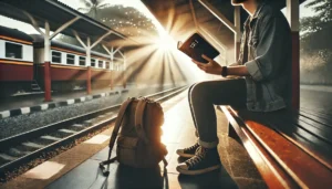 Viajero moderno leyendo la Biblia en una estación tranquila, con mochila al lado y luz suave iluminando las páginas, simbolizando fe en el viaje.