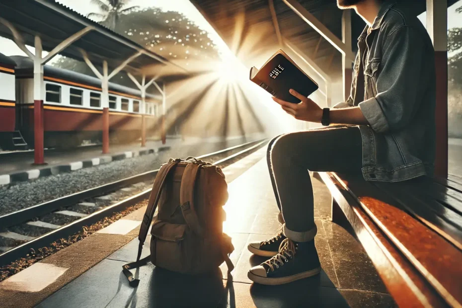 Viajero moderno leyendo la Biblia en una estación tranquila, con mochila al lado y luz suave iluminando las páginas, simbolizando fe en el viaje.