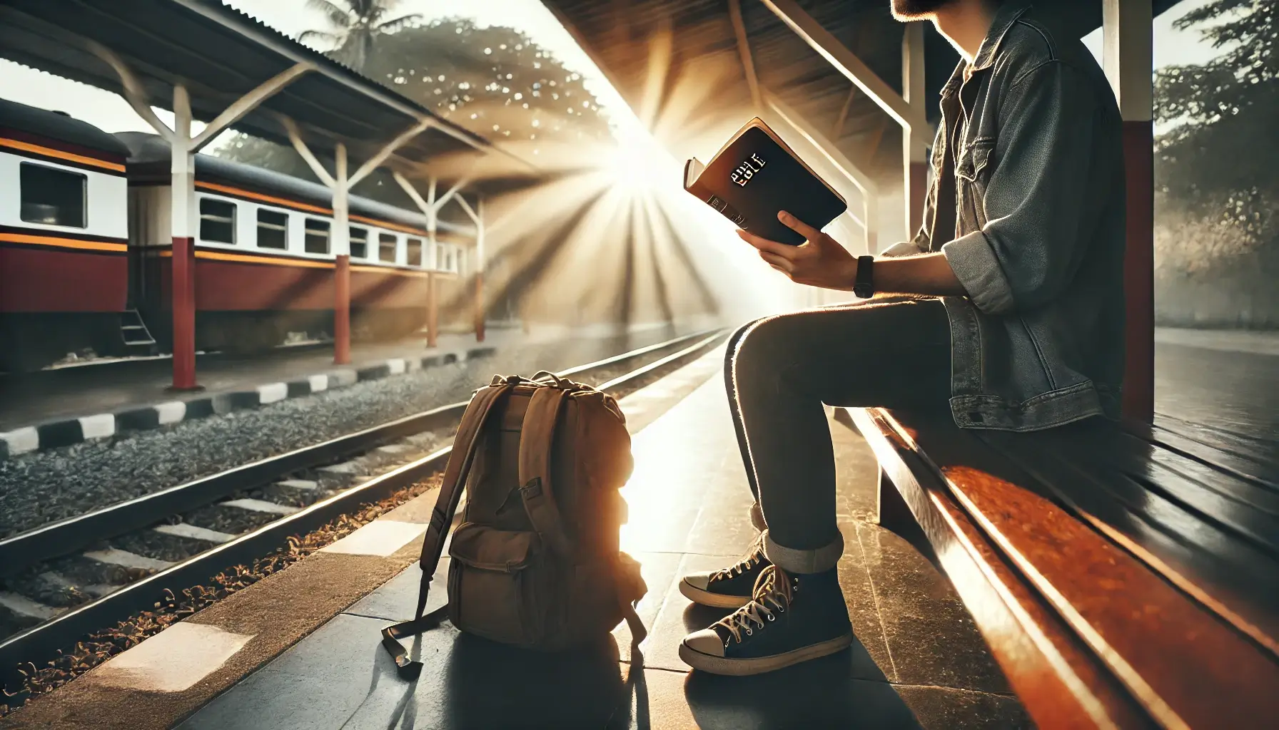 Viajero moderno leyendo la Biblia en una estación tranquila, con mochila al lado y luz suave iluminando las páginas, simbolizando fe en el viaje.