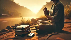 "Viajero sentado en silencio al amanecer, junto a su maleta, orando en un entorno natural pacífico con luz dorada y símbolos de fe."