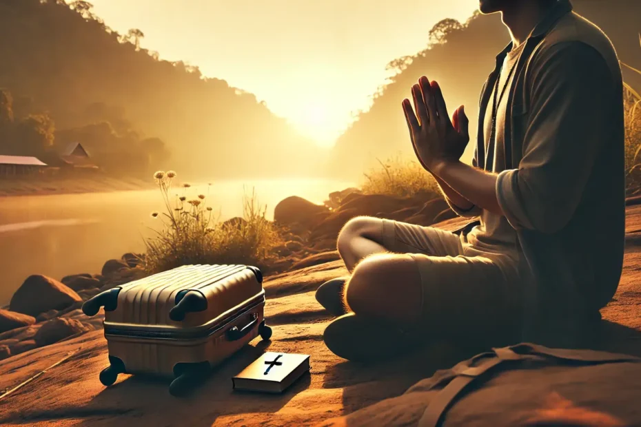 "Viajero sentado en silencio al amanecer, junto a su maleta, orando en un entorno natural pacífico con luz dorada y símbolos de fe."