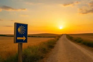 Peregrino enfrentando errores Camino de Santiago bajo el atardecer gallego