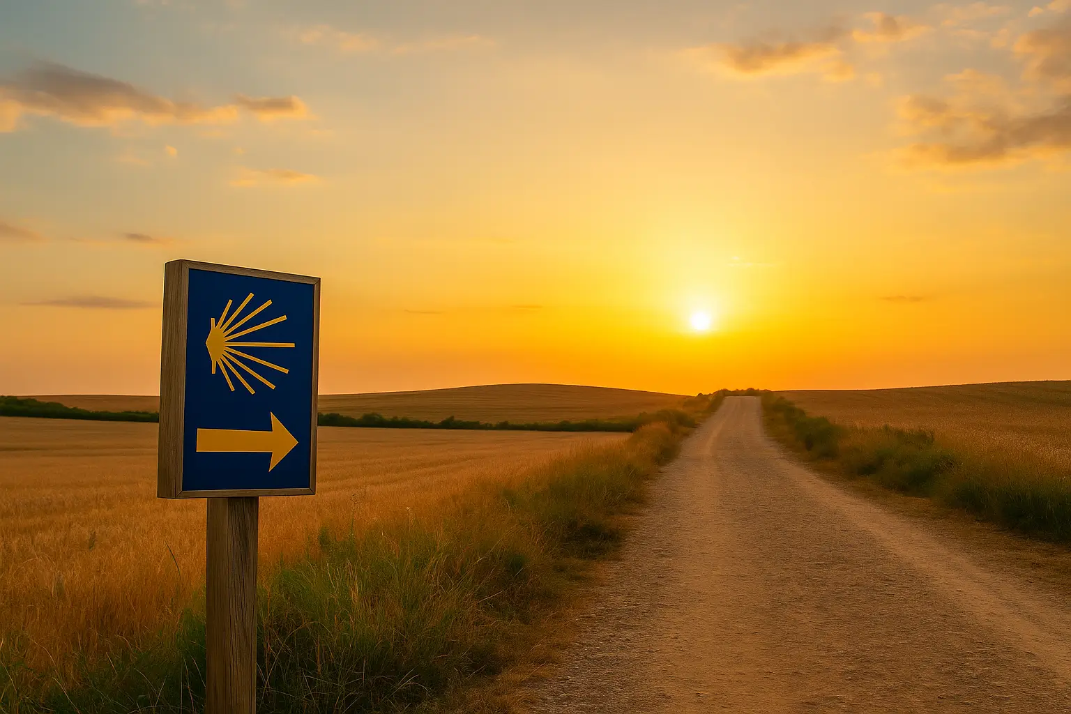 Peregrino enfrentando errores Camino de Santiago bajo el atardecer gallego