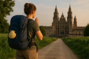 Mujer contemplando el amanecer en el Camino de Santiago, inicio de su transformación espiritual