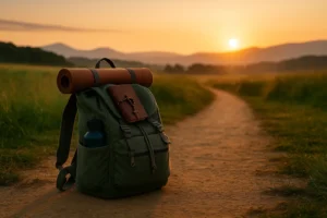 Mochila de peregrino con todo el equipamiento camino de santiago esencial