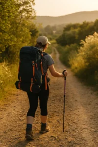 peregrino apoyado en bastón de senderismo caminando por sendero del Camino de Santiago, rodeado de naturaleza