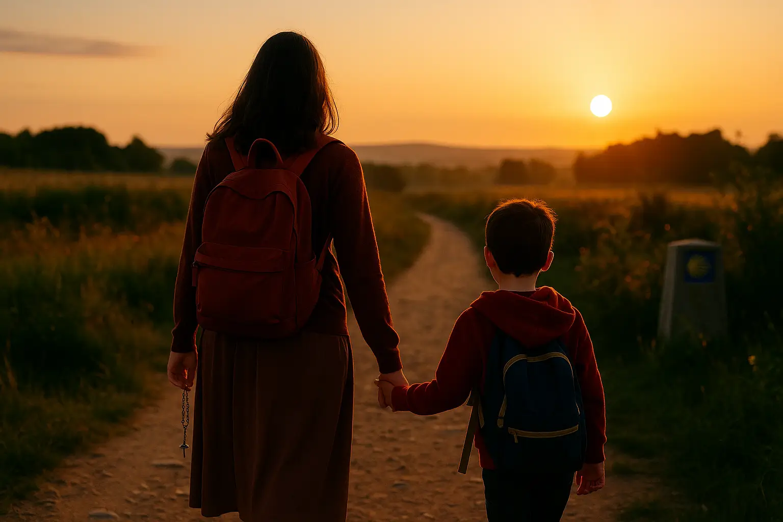 Madre peregrina caminando al amanecer con su hijo por el Camino de Santiago, rodeados de naturaleza y espiritualidad.
