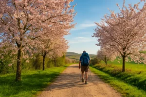 Peregrino caminando por el Camino de Santiago en primavera, rodeado de árboles floridos.