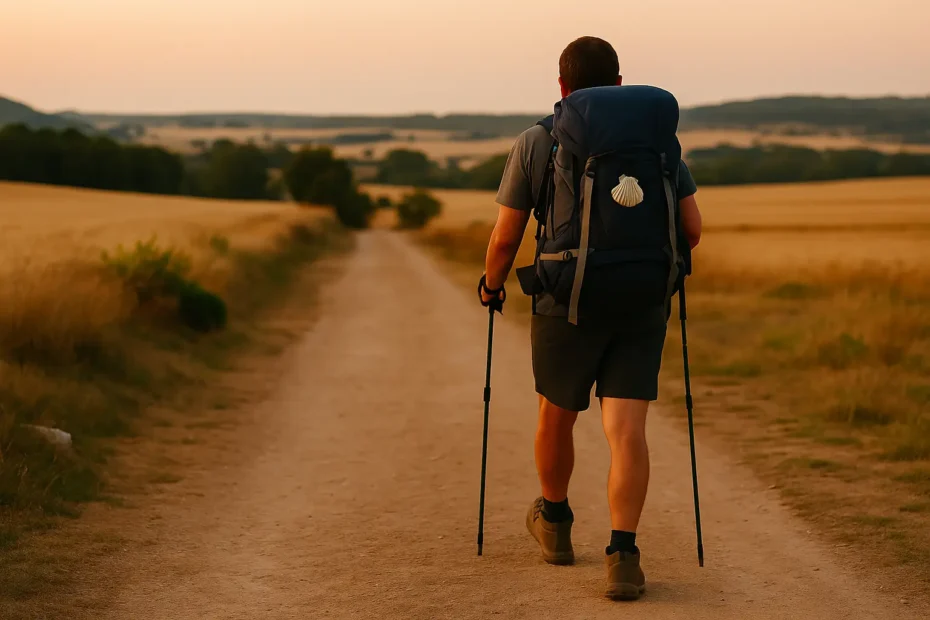 Peregrino solitário com mochila caminhando pelo Caminho de Santiago na Espanha