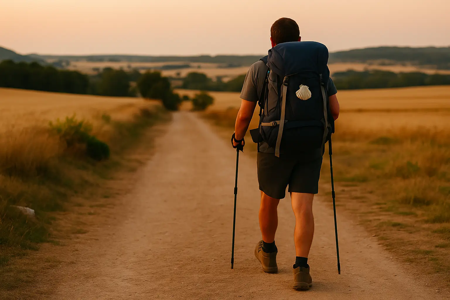 Peregrino solitário com mochila caminhando pelo Caminho de Santiago na Espanha