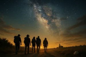 Peregrinos caminhando sob o céu estrelado da Via Láctea, símbolo das lendas do Caminho de Santiago