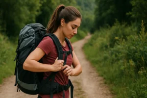 peregrina ajustando mochila resistente en sendero del Camino de Santiago, rodeada de naturaleza