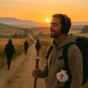 Peregrino caminhando pelo Camino de Santiago com mochila e bastão, rodeado por notas musicais flutuando ao seu redor, em um cenário de arquitetura românica. O pôster destaca a conexão entre a jornada espiritual e a música, com tipografia vibrante que anuncia Playlists Inspiradoras para Cada Etapa del Camino de Santiago.