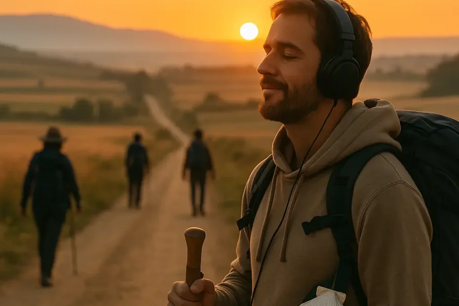 Peregrino caminhando pelo Camino de Santiago com mochila e bastão, rodeado por notas musicais flutuando ao seu redor, em um cenário de arquitetura românica. O pôster destaca a conexão entre a jornada espiritual e a música, com tipografia vibrante que anuncia Playlists Inspiradoras para Cada Etapa del Camino de Santiago.