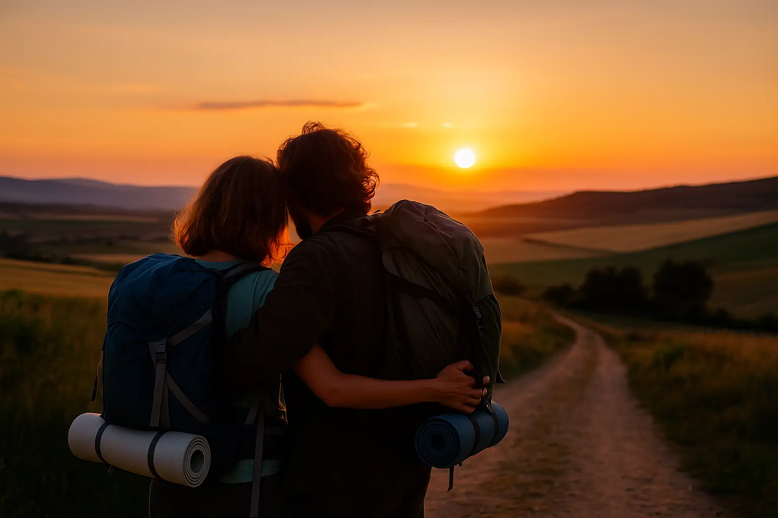 Peregrinos abrazados al atardecer en el Camino de Santiago