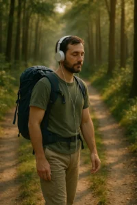 Peregrino escuchando podcasts y audiolibros mientras camina por el Camino de Santiago