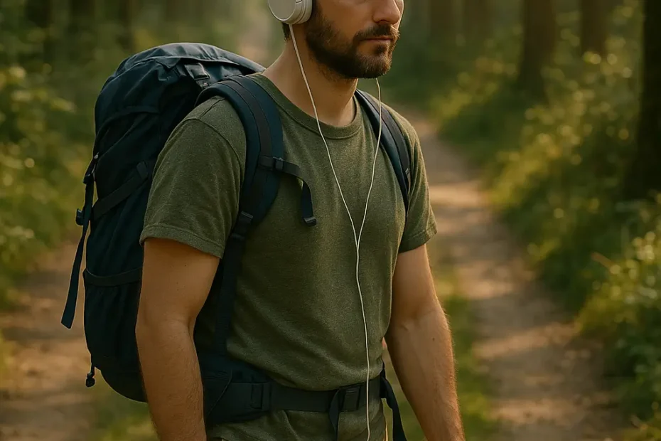 Peregrino escuchando podcasts y audiolibros mientras camina por el Camino de Santiago