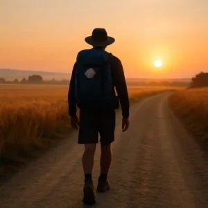 Peregrino solitario caminhando ao amanhecer por um caminho de terra cercado por campos dourados, representando a superação do medo com confiança.