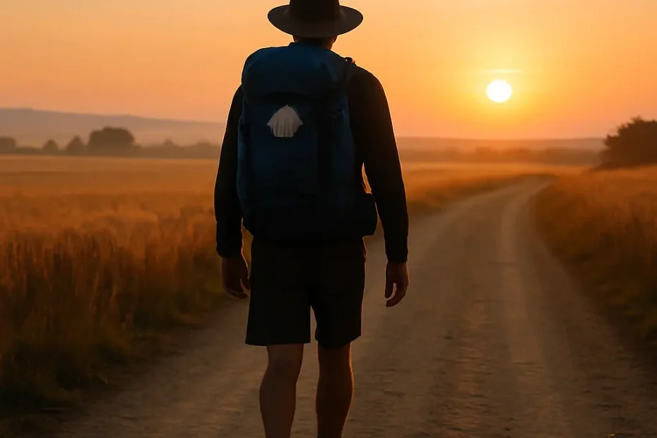 Peregrino solitario caminhando ao amanhecer por um caminho de terra cercado por campos dourados, representando a superação do medo com confiança.