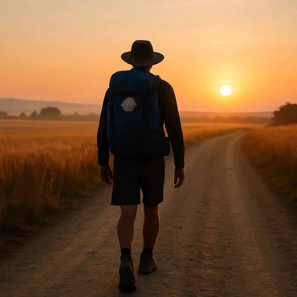 Peregrino solitario caminhando ao amanhecer por um caminho de terra cercado por campos dourados, representando a superação do medo com confiança.